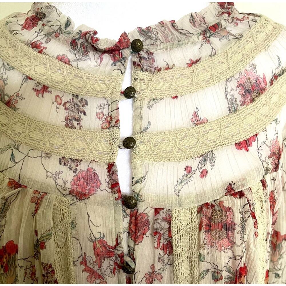 Anthropologie Boho Blouse tiny‎ floral crinkle chiffon lace trim poet sleeve S - Picture 5 of 14
